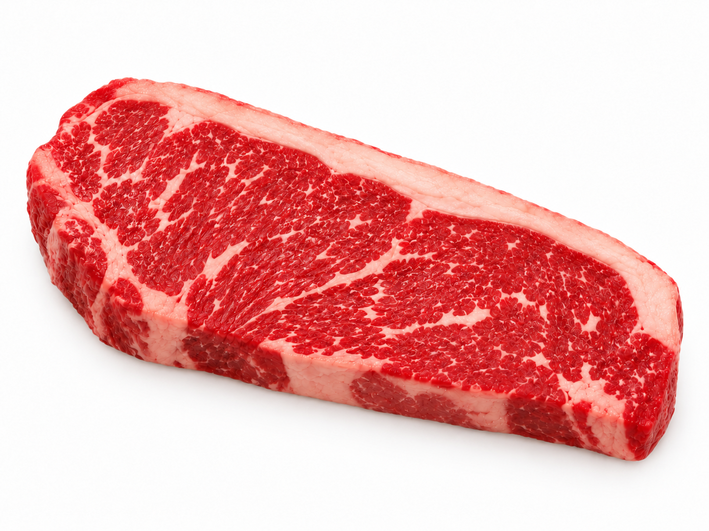 Uncooked New York Strip steak on a white background